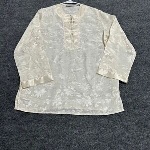 Erika Taylor Blouse Womens Size S Cream Floral Jacquard Satin Trim Frog Button